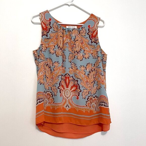 ROSE + OLIVE Orange Blue Paisley Geo Split Back Sleeveless Boho Tank Top Blouse - Picture 1 of 16